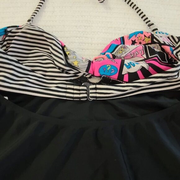Ocean Pacific Colorful Comic-Print & Striped‎ Halter Bikini Top With Black Skirt - Picture 5 of 6